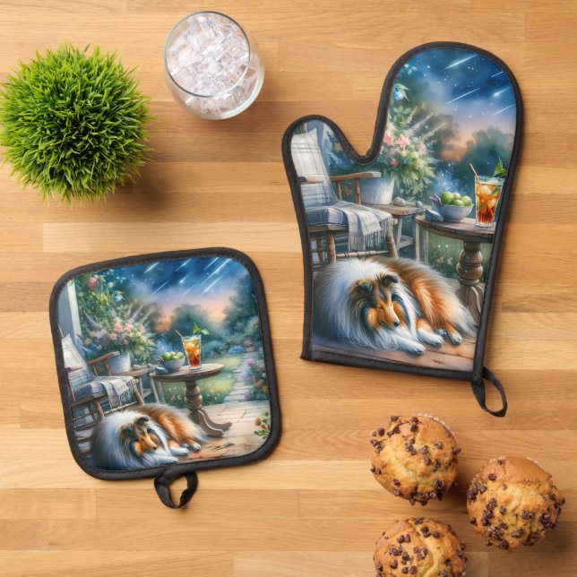 Starlit Garden Porch Sheltie Dream Ofenhandschuh & Topflappen-Set (Oben Unten)