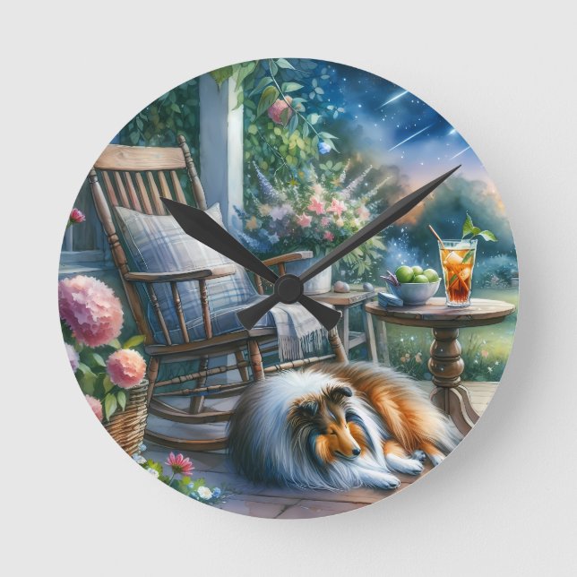 Starlit Garden Porch Sheltie Dream Runde Wanduhr (Vorderseite)