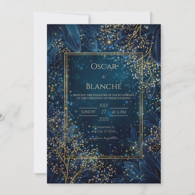 Starlit Navy Gold Botanical Wedding Einladung (Vorderseite)