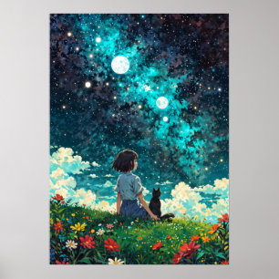 Starlit Reverie - Ein Mädchen und ihre Katze sitze Poster