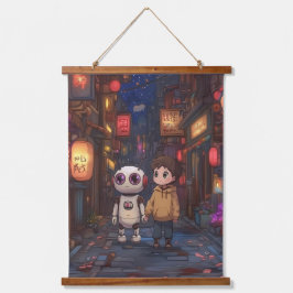 Starlit Stroll: Ein Junge und sein Roboter-Freund Wandteppich Mit Holzrahmen
