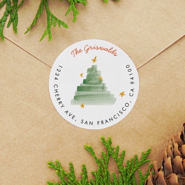 Starlit Watercolor Weihnachtsbaum Rücksendeadresse Runder Aufkleber (Watercolor starlit Christmas tree return address label round sticker.)