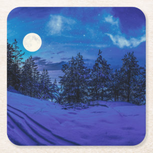 Starre Nacht mit Vollmond im Wald Rechteckiger Pappuntersetzer