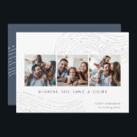Starred Tidings | 3 Foto Collage Hanukkah Card Feiertagskarte<br><div class="desc">Schicken Sie Hanukkah-Grüße im schicken Stil mit diesen eleganten und modernen Foto-Collage-Karten mit drei quadratischen Fotos, die nebeneinander angeordnet sind und mit Line-gezeichnet Verzierungen an der Spitze und am Ende verziert sind. "Möchten Sie Liebe und Licht" erscheint unter der modernen Schrift, mit Ihrem "Happy Hanukkah" und Ihrem Familiennamen unten rechts....</div>