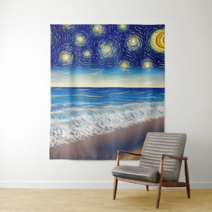 Starry Blue Beach Waves Wandteppich