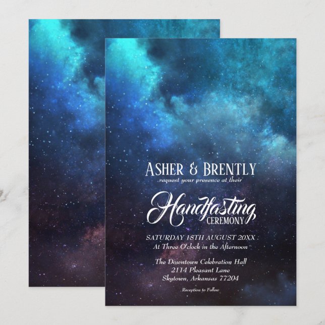 Starry Blue Nebel Modernes Wicca Handfasten Einladung (Vorne/Hinten)