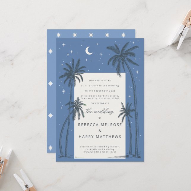 Starry blue Palm Trees boho Hochzeitseinladung Einladung (Vorderseite/Rückseite Beispiel)