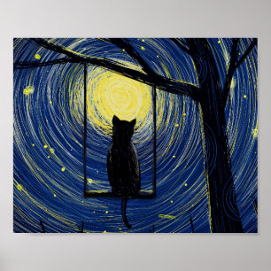 Starry Cat Night Canvas Print Poster