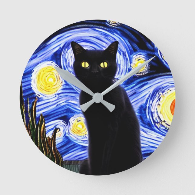 Starry Catty Night Round Clock Runde Wanduhr (Vorderseite)