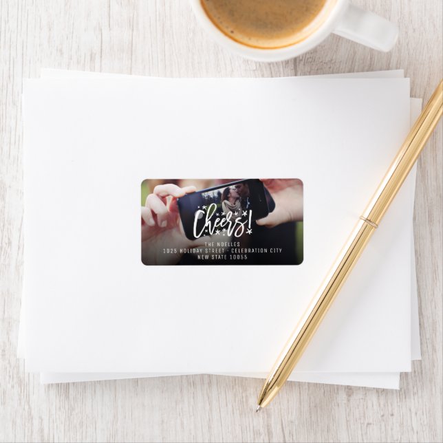 Starry Cheers Brush Script New Year Foto-Adresse Adressaufkleber (Insitu)