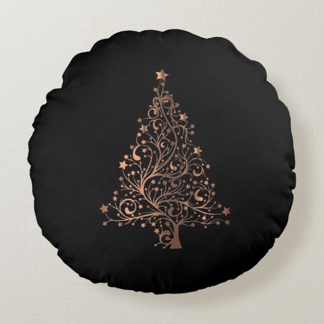 Starry Christmas Tree Black Brown Copper Elegante Rundes Kissen (Vorderseite)