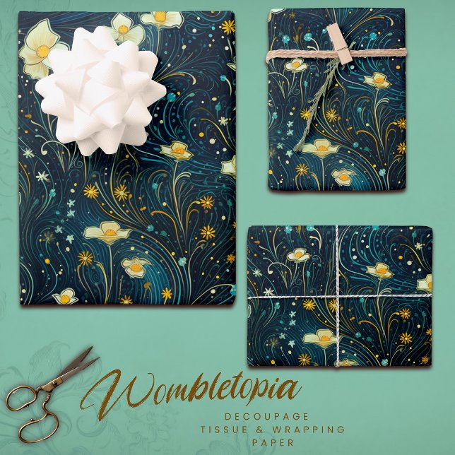 Starry Garden Bloms Blue, Gold Floral Decoupage Geschenkpapier Set (Von Creator hochgeladen)