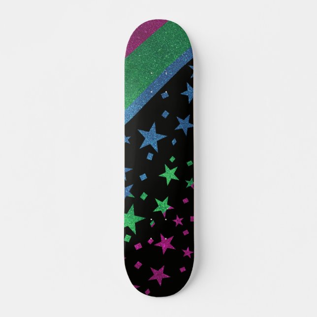Starry Gay Pride Flag Funkelnd Polysexual Glitzer Skateboard (Vorne)