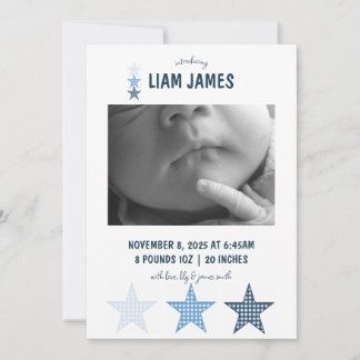 Starry Gingham Baby Boy Birth Announcement Card Ankündigung
