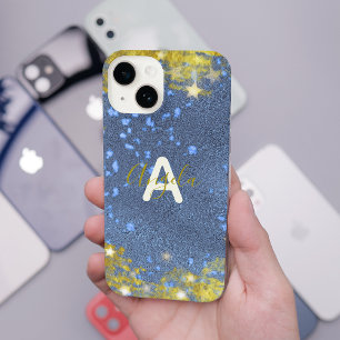 Starry Glittery Blau und Gold Moderner Glanz iPhone 14 Hülle