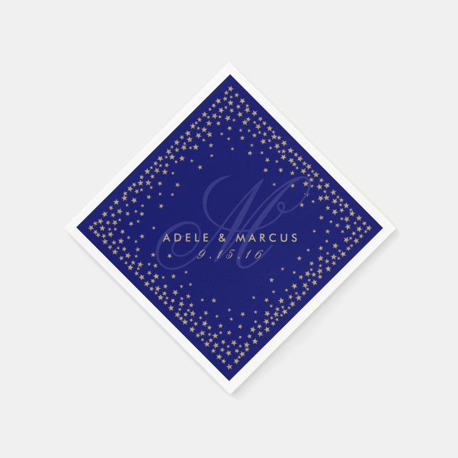 Starry Gold & Navy Blue Monogram Wedding Napkins Serviette (Ecke)