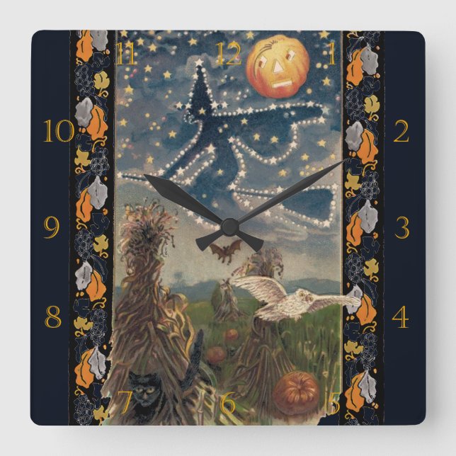 Starry Halloween Night Wall Clock Quadratische Wanduhr (Vorderseite)