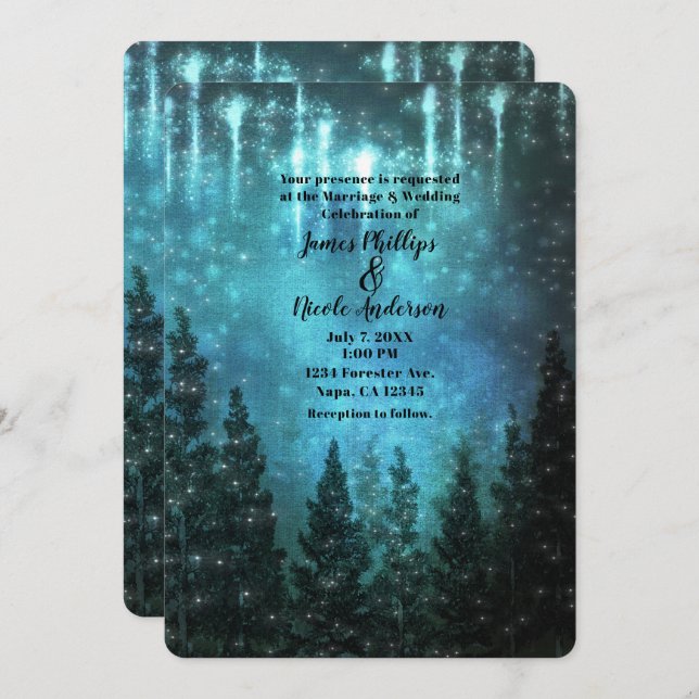 Starry Lights Rustic Pine Trees Country Wedding Einladung (Vorne/Hinten)