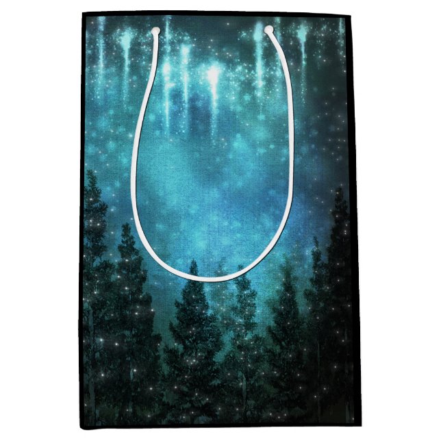 Starry Lights Rustic Pine Trees Country Wedding Mittlere Geschenktüte (Vorderseite)