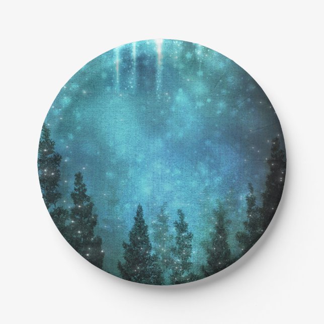 Starry Lights Rustic Pine Trees Country Wedding Pappteller (Vorderseite)