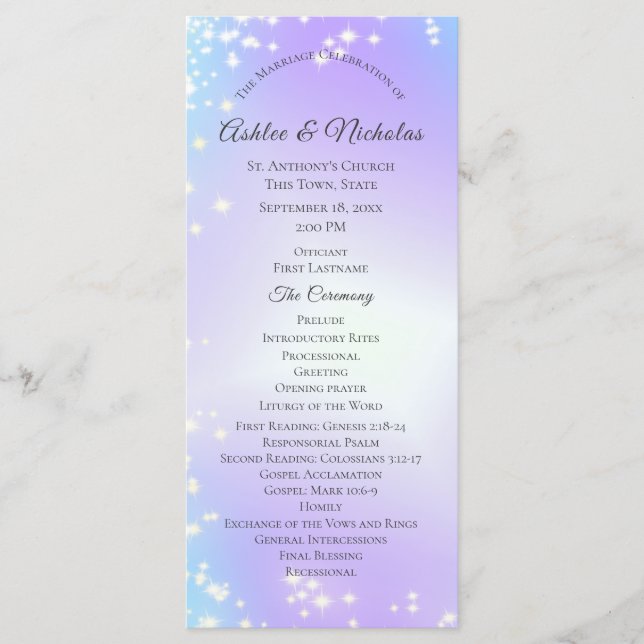 Starry Lila and Blue Sparkle Wedding Programm (Vorderseite)