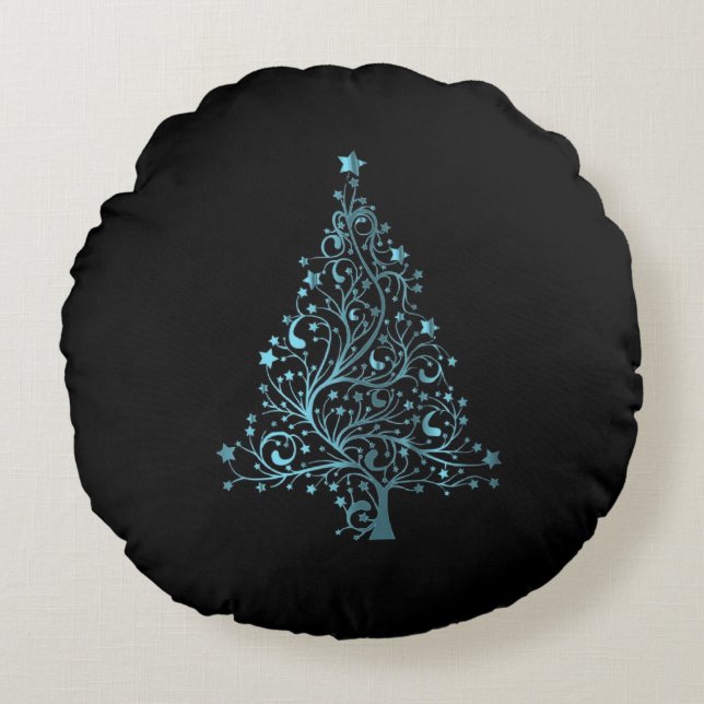 Starry Merry Christmas Tree Black Blue Elegante Rundes Kissen (Vorderseite)