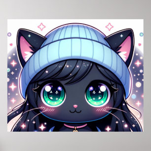 Starry-Mit Augen Kitten: Charming Anime Cat Poster