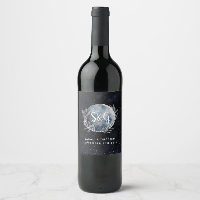 Starry Moonlit Night Monogram Wedding Wine Label Weinetikett (Vorderseite)