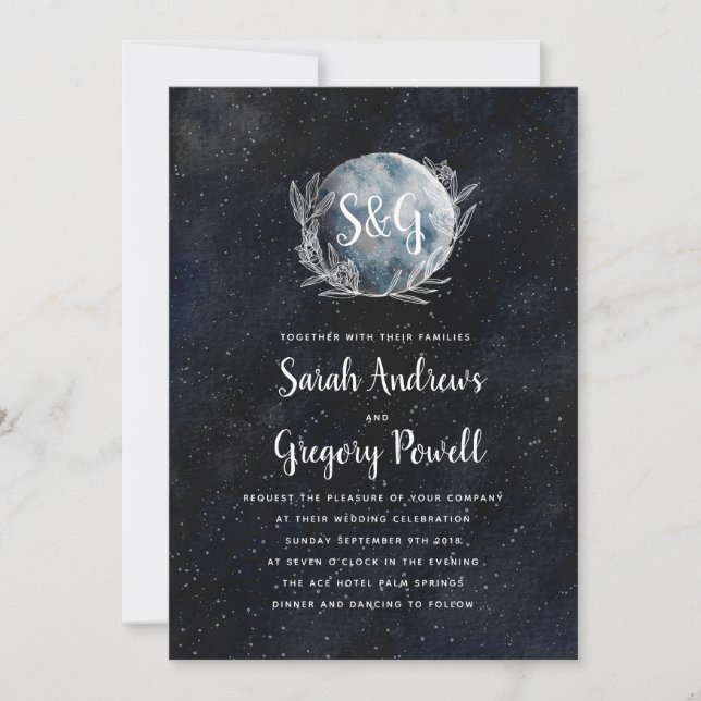 Starry Moonlit Night Monogram Weditation Einladung (Vorderseite)