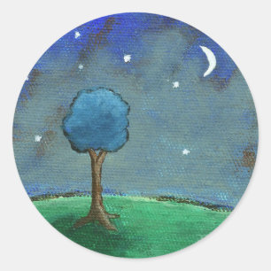 Starry Night, Abstrakte Landschaft Tree Stars Moon Runder Aufkleber