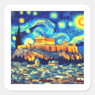Starry Night Acropolis Athen Griechenland Quadratischer Aufkleber