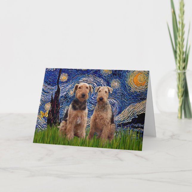 Starry Night - Airedale Terriers (zwei) Karte (Vorderseite)