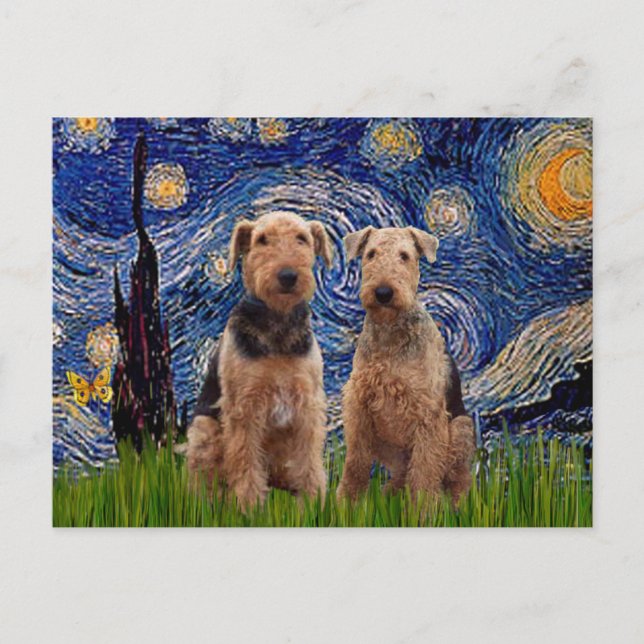 Starry Night - Airedale Terriers (zwei) Postkarte (Vorderseite)