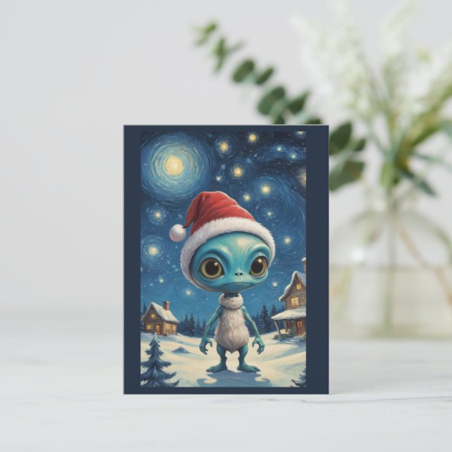 Starry Night Alien Niedlicher Weihnachtstext Postkarte (Stehend Vorderseite)