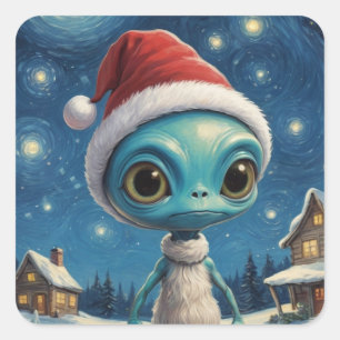 Starry Night Alien Niedlicher Weihnachtstext Quadratischer Aufkleber