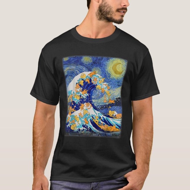 Starry Night and Great Wave Cat Cat Lover Cat Mama T-Shirt (Vorderseite)