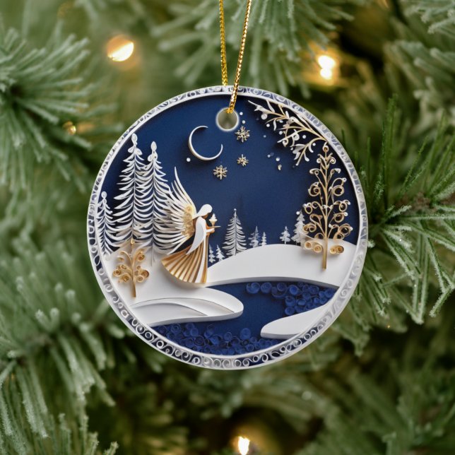 Starry Night Angel in Paper-Cut Style Keramik Ornament (Baum)