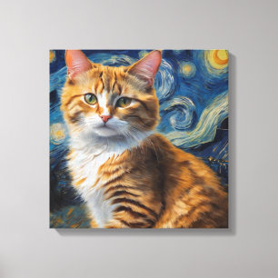 Starry Night Art mit Katze Leinwanddruck