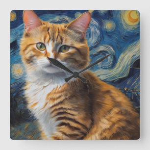 Starry Night Art mit Katze Quadratische Wanduhr
