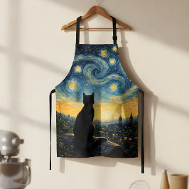 Starry Night Artistic Black Cat & Celestial Town  Schürze