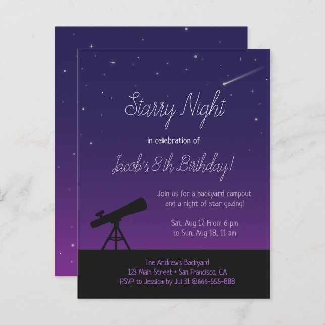 Starry Night Astronomie Kindergeburtstag Einladung (Vorne/Hinten)
