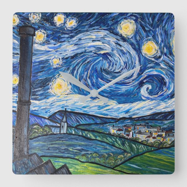 Starry Night Belmont Lancashire Quadratische Wanduhr (Vorderseite)