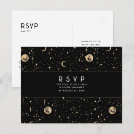 Starry Night Black and Gold Wedding RSVP Postkarte