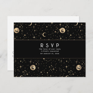 Starry Night Black and Gold Wedding RSVP Postkarte