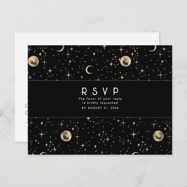 Starry Night Black and Gold Wedding RSVP Postkarte (Vorne/Hinten)
