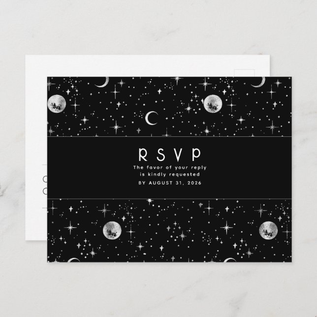 Starry Night Black and Silver Wedding RSVP Postkarte (Vorne/Hinten)