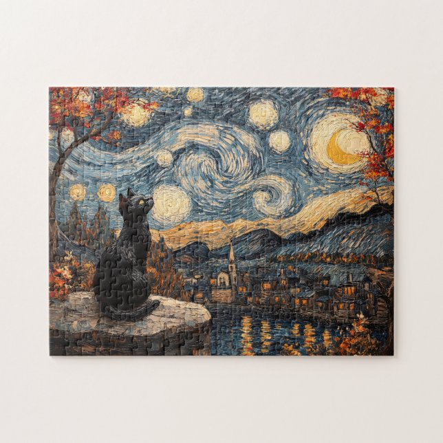Starry Night Black Cat Puzzle (Horizontal)
