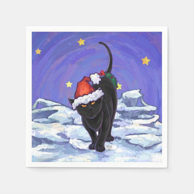 Starry Night Black Cat Weihnachten Serviette (Vorderseite)