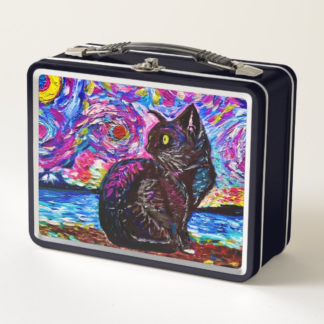 Starry Night Black Kitty Cat Metall Brotdose (Vorderseite)