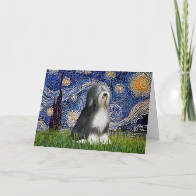 Starry Night - Black & White Tibetan Terrier Karte (Vorderseite)